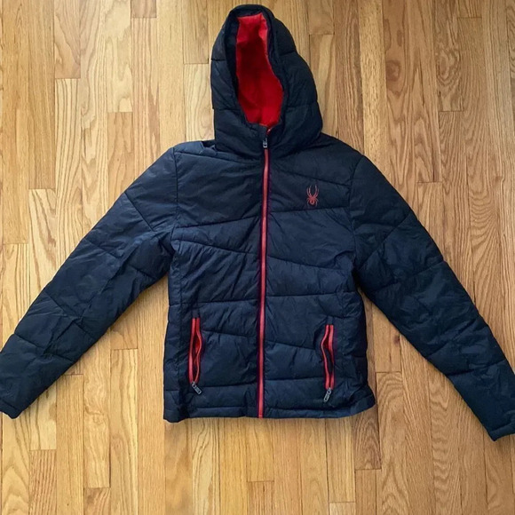 Spyder sz S hooded puffer jacket black red zip up zip pckts excellent condition